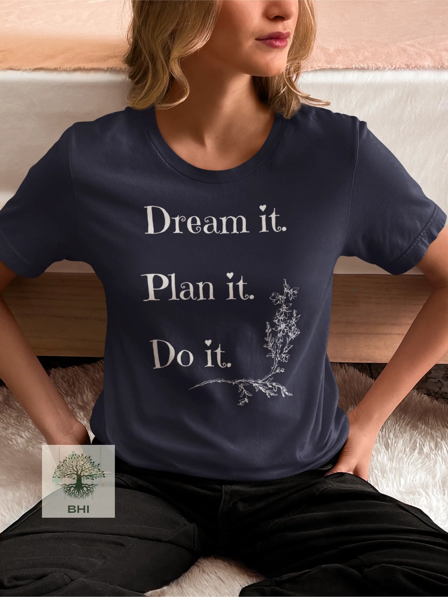 Dream it Plan it Do it T-Shirt with Floral Motif - Dark Colors