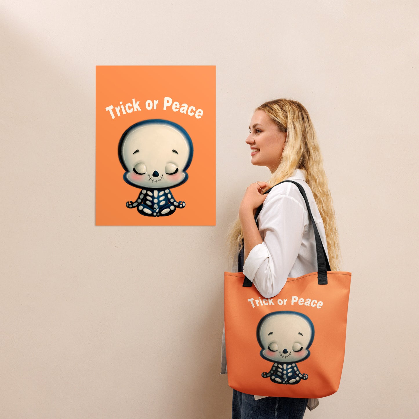 Trick or Peace Cute Skeleton Tote Bag | Mindful Halloween Trick or Treat Bag