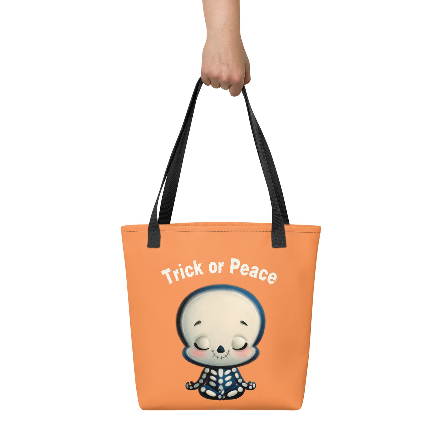 Trick or Peace Cute Skeleton Tote Bag | Mindful Halloween Trick or Treat Bag