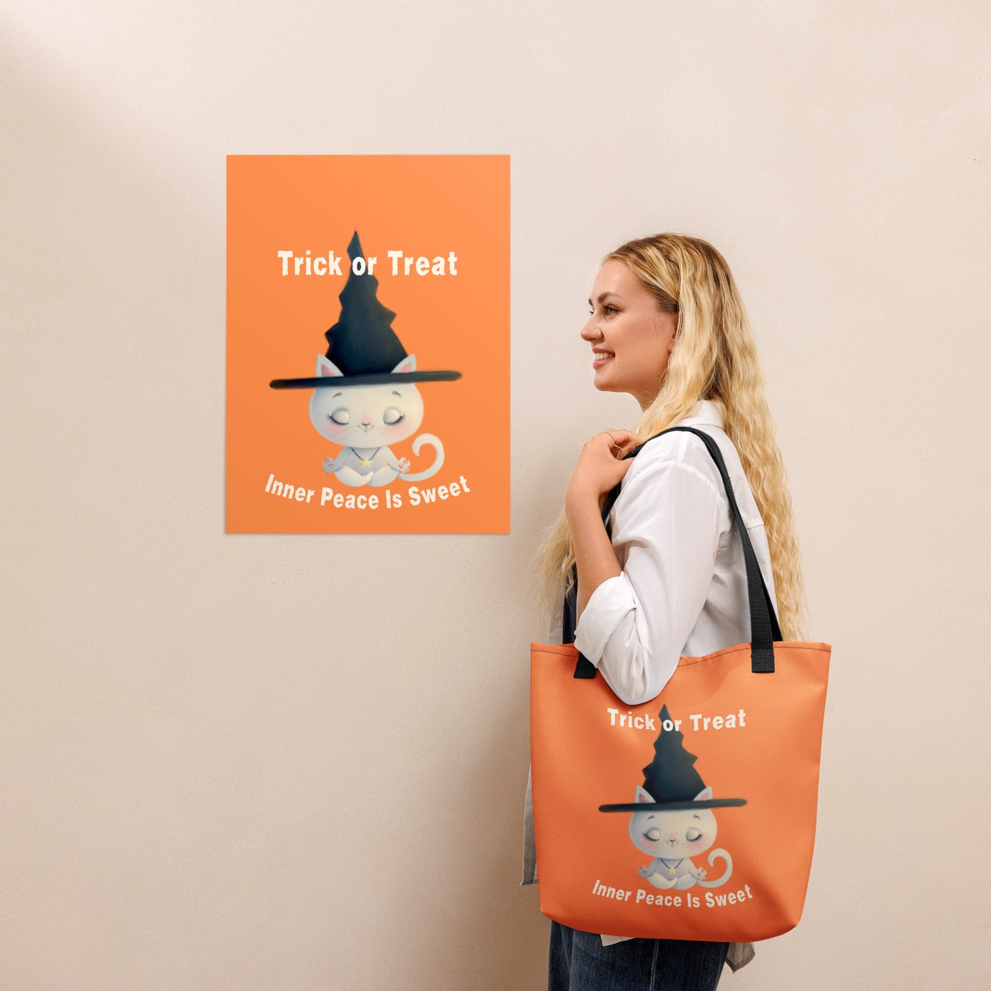 Halloween Cat Tote Bag | Trick or Treat Inner Peace Meditating Witch