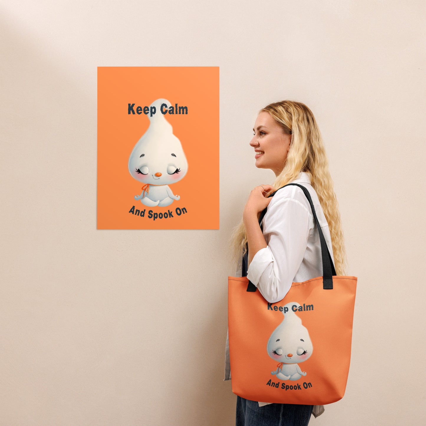 Keep Calm And Spook On Tote | Cute Ghost Meditating Halloween Bag