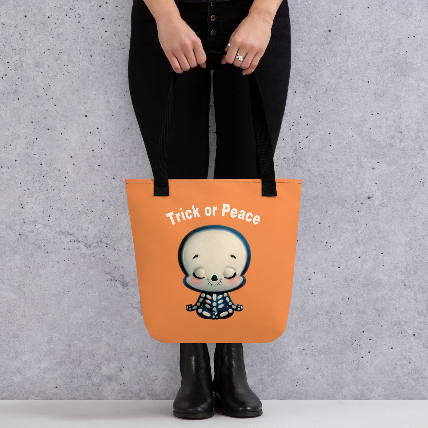 Trick or Peace Cute Skeleton Tote Bag | Mindful Halloween Trick or Treat Bag