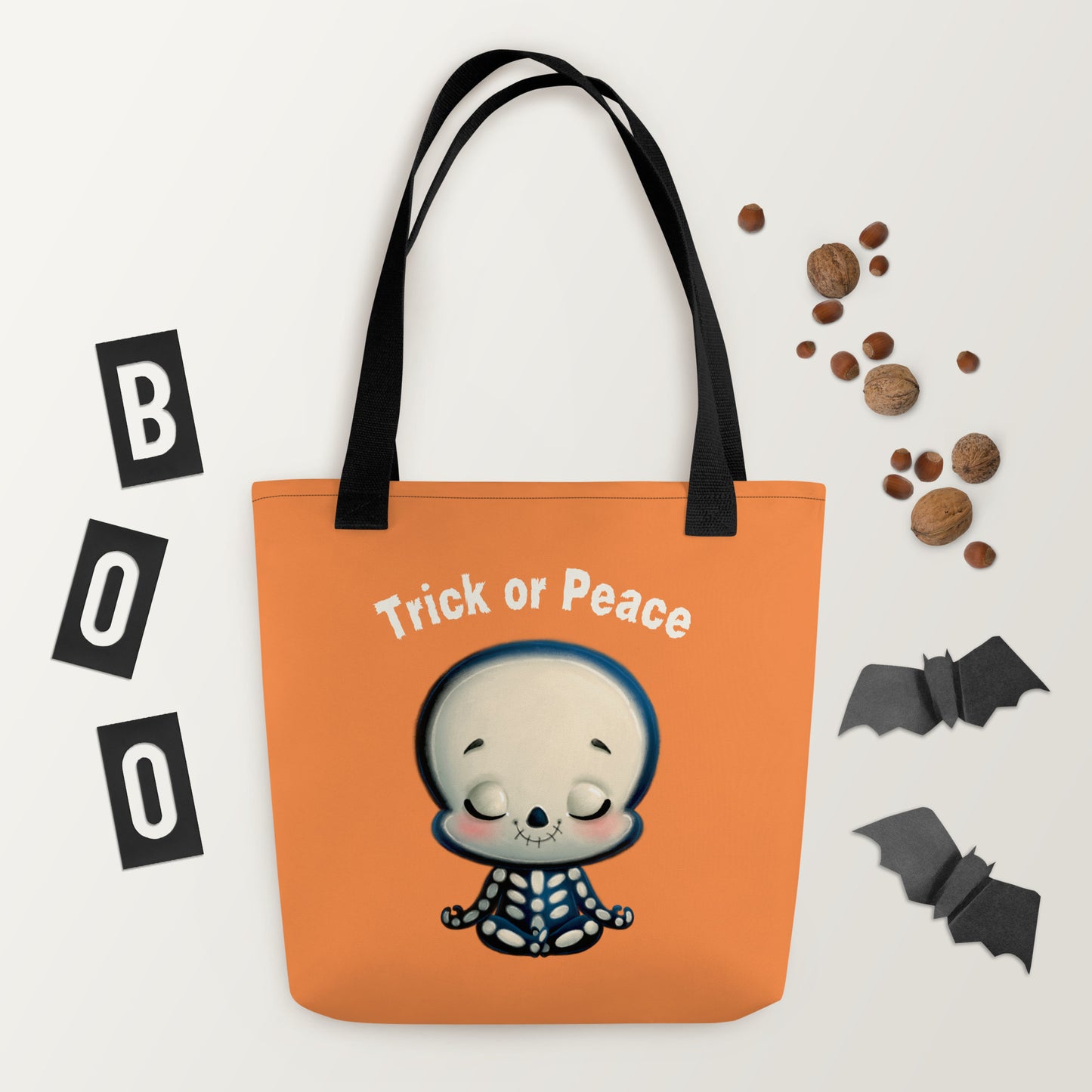 Trick or Peace Cute Skeleton Tote Bag | Mindful Halloween Trick or Treat Bag