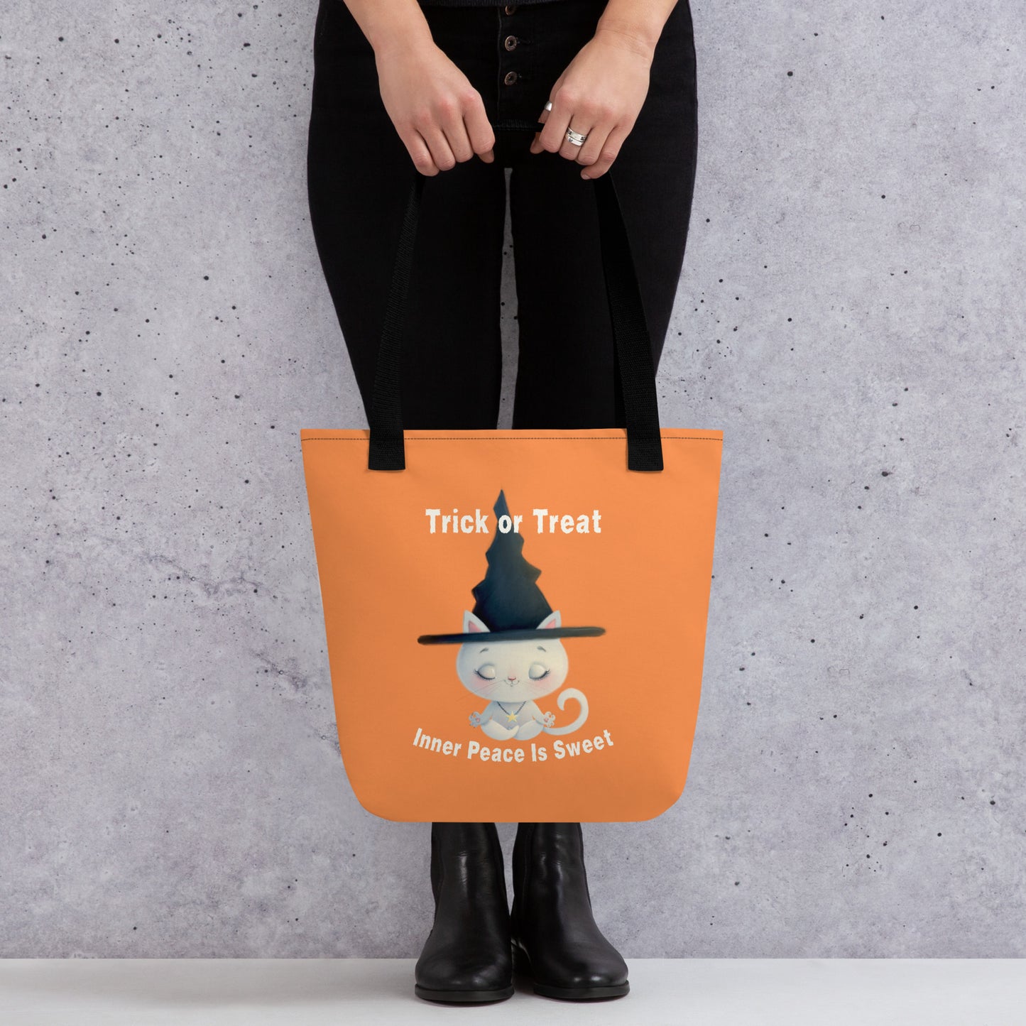 Halloween Cat Tote Bag | Trick or Treat Inner Peace Meditating Witch