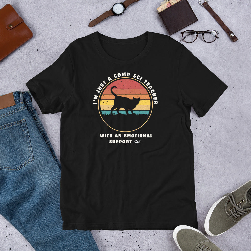 Emotional Support Cat Comp Sci Teacher T-Shirt | Distressed Retro Sunset Cat Shirt for Comp Sci Teachers