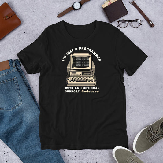 Just a Programmer with an Emotional Support Codebase T-Shirt - Retro Style Gift for Software Engineers