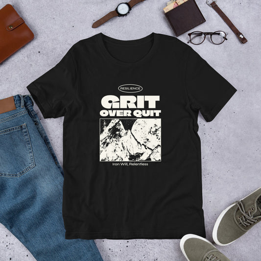 Black t-shirt with slogans 'Grit Over Quit' and 'Iron Will, Relentless' with distressed graphic of a mountain and full-moon at night.