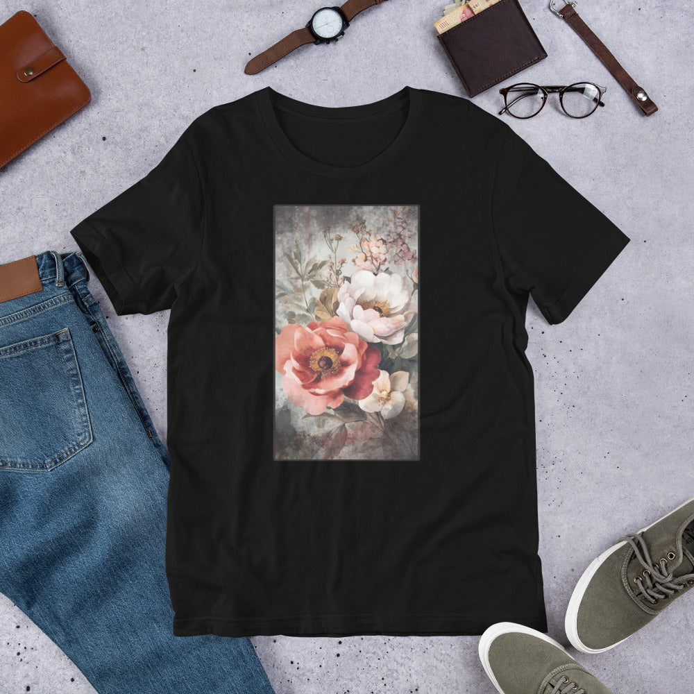 Black t-shirt with gothic style weathered and aged vintage flower portrait.