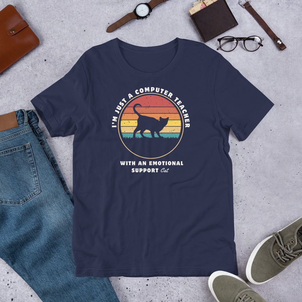 Emotional Support Cat Computer Teacher T-Shirt | Distressed Retro Sunset Cat Shirt for Computer Teachers